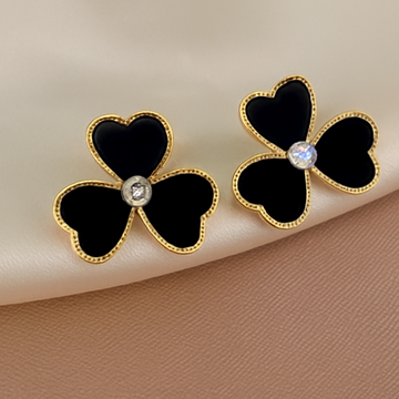 Black Enamel Clover Stud Earrings with Crystal Center