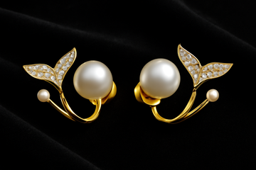 Gold-Plated Pearl and Crystal Leaf Earrings