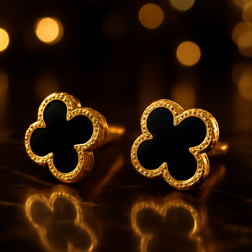 Gold Trimmed Black Enamel Clover Stud Earrings