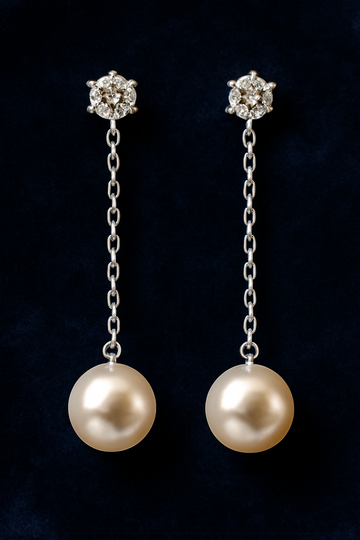 Silver Pearl Drop Earrings with Diamond Accent