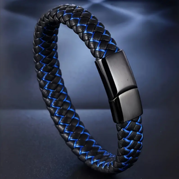 Handcrafted Blue & Black Braided Faux Leather Bracelet with Stainless Steel Clasp