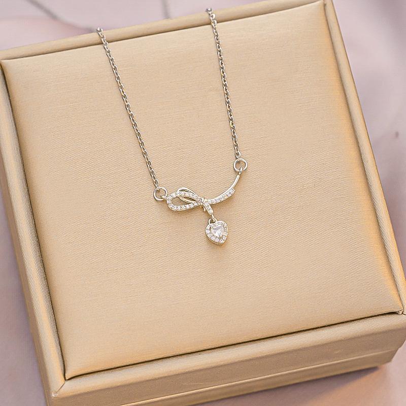 Diamond Heart Bow Pendant Necklace